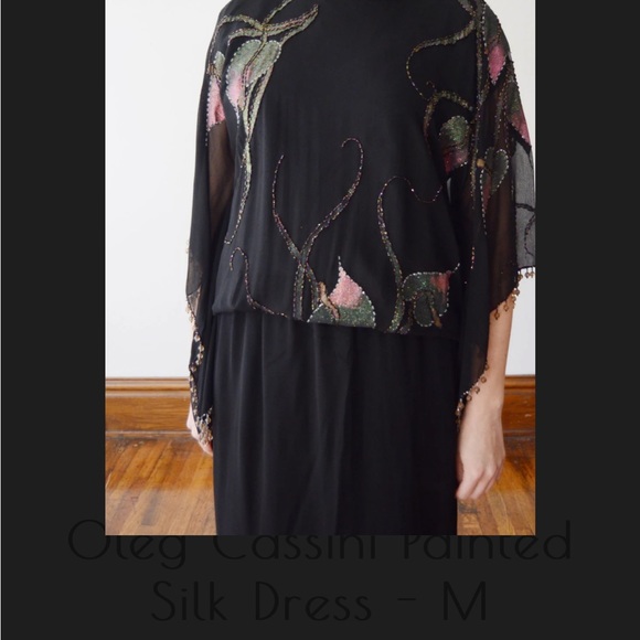 Vintage Oleg Cassini evening silk beaded painted rare dress gown batwing black - Picture 11 of 13